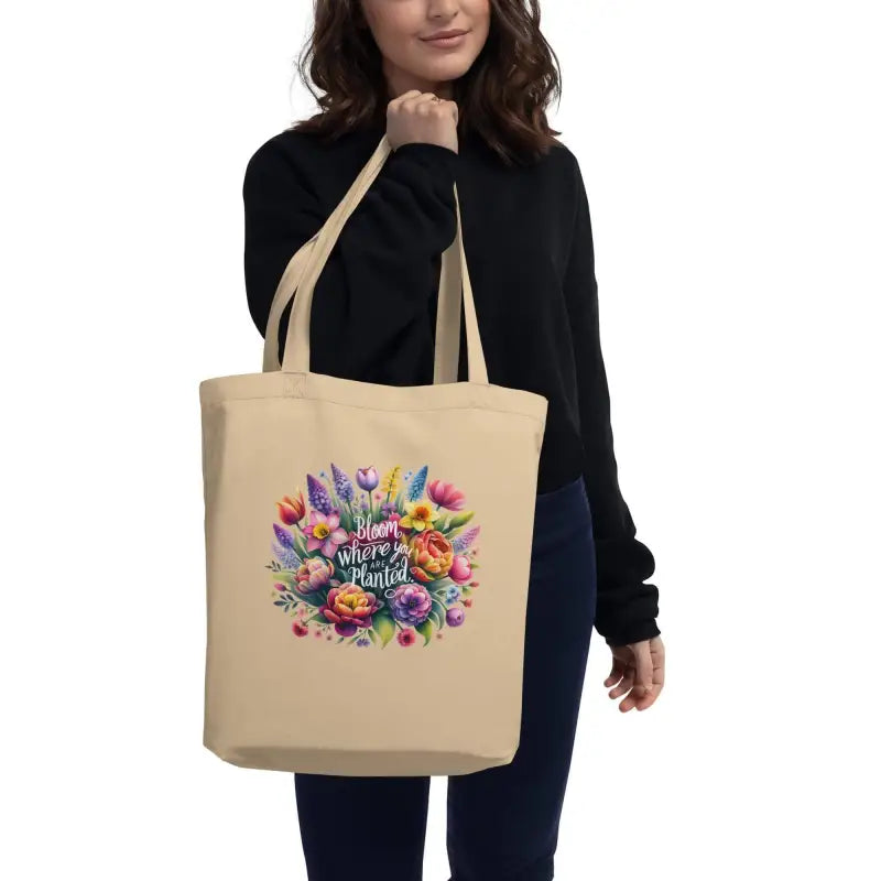 Beige floral tote bag with colorful design and Hello Spring text, perfect for spring vibes