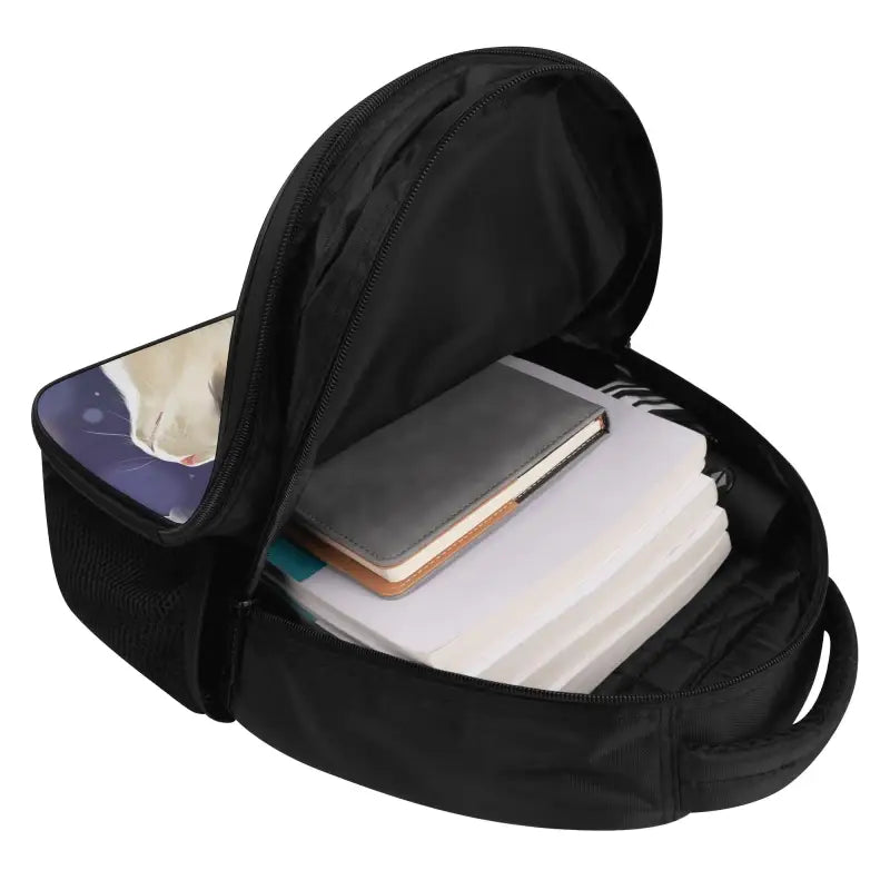 Black dual compartment school backpack with books inside and adjustable shoulder straps