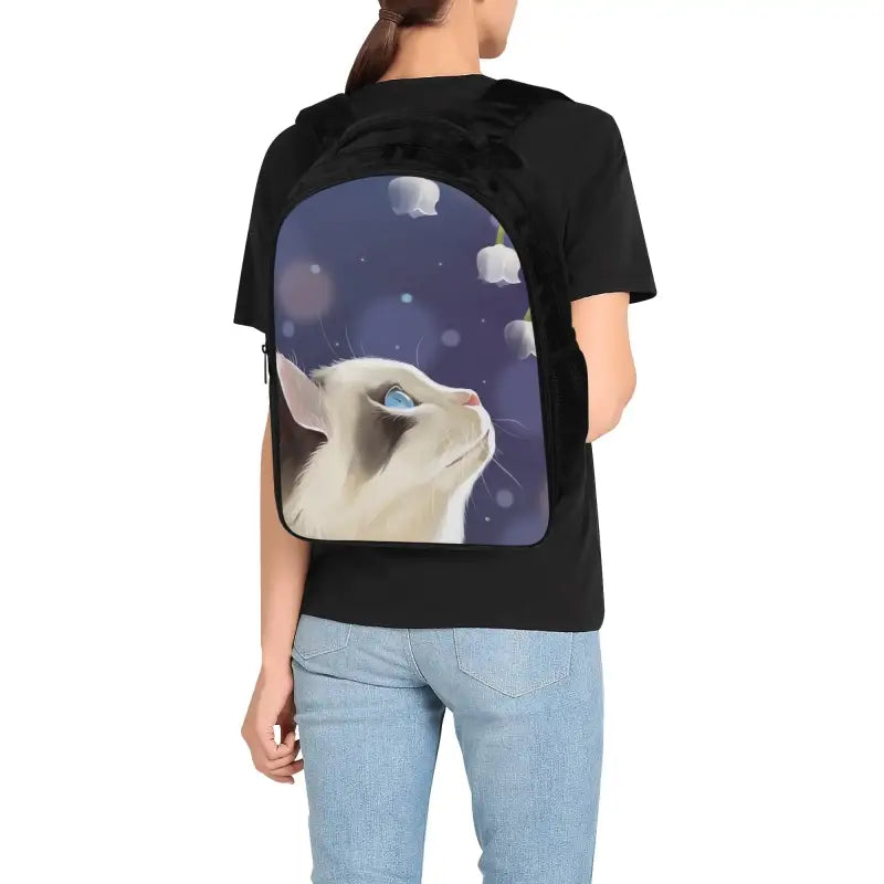 Black T-shirt with cat face design ideal for Cat-tastic Dual Compartment Backpack