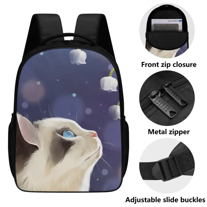 Dreamy white cat gazing at clouds on a durable polyester dual compartment school backpack