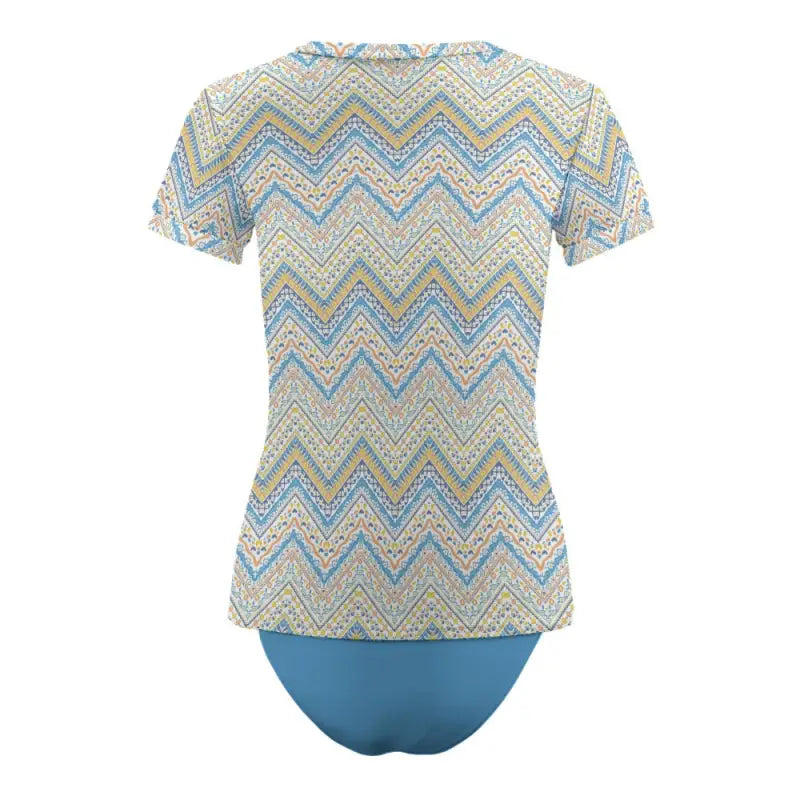 Short sleeve tankini featuring a cute blue and beige chevron pattern for effortless style