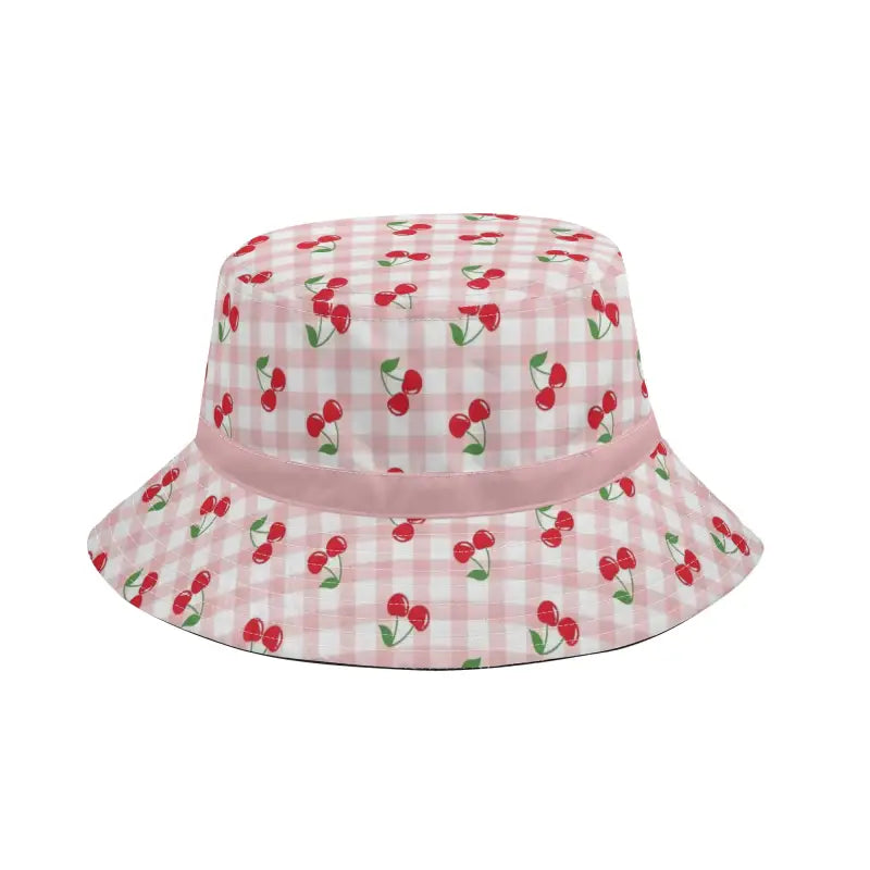 Pink and white check bucket hat with cherry print and adjustable string for summer fun