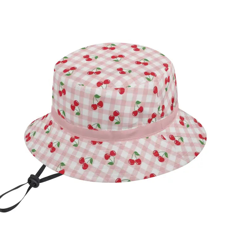 Check bucket hat with cherry print and adjustable string for ultimate summer vibes