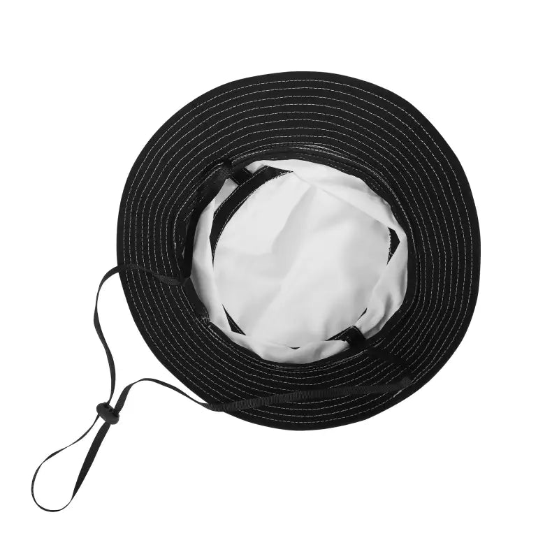 Black wide-brimmed check bucket hat with adjustable string for summer vibes