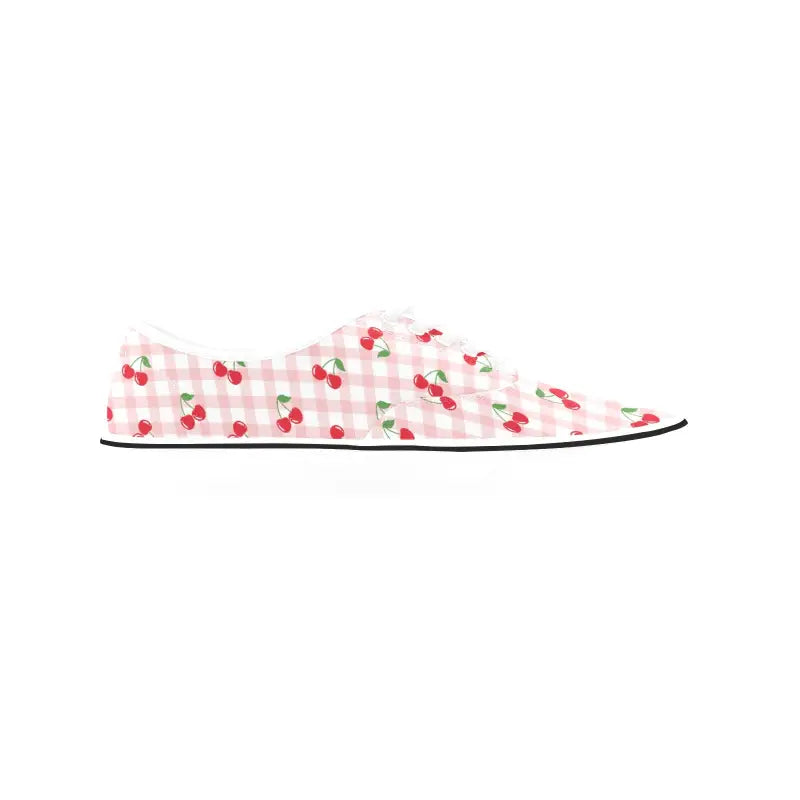 Cherry print canvas sneakers in pink gingham, perfect for sweet summer vibes