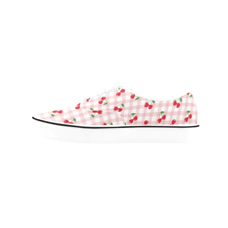 Cute Cherry Print Canvas Sneakers with pink gingham for fun summer vibes