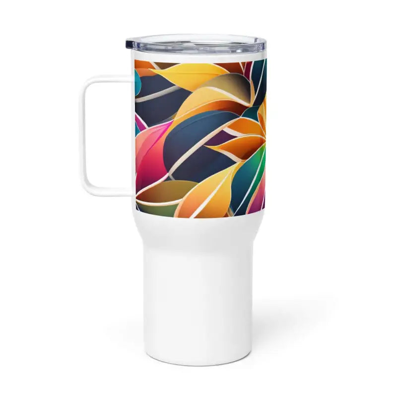 Colorful leaf pattern on an insulated abstract travel mug with handle