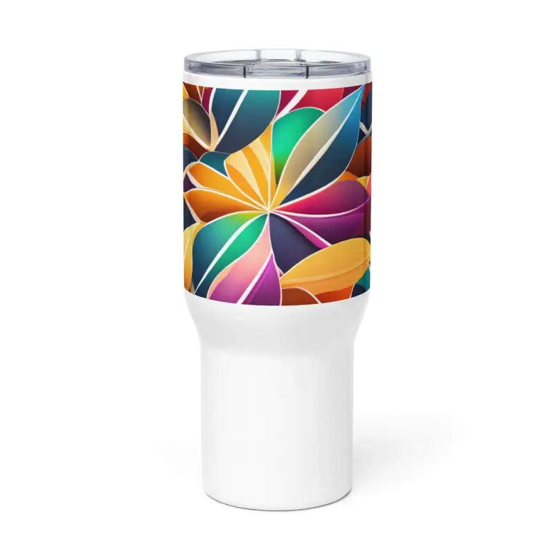 Colorful Abstract Travel Mug with Handle featuring a vibrant floral pattern design