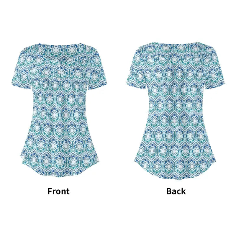 Short sleeve loose blouse with a cool blue boho print scoop neck for sunny days
