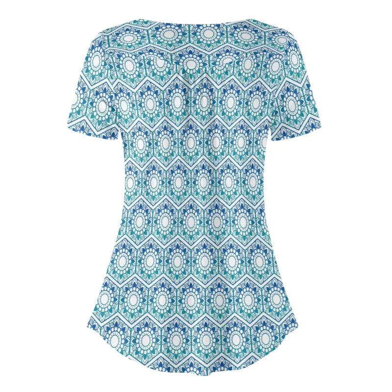 Short sleeve loose blouse in a fun blue and white boho print scoop neck design