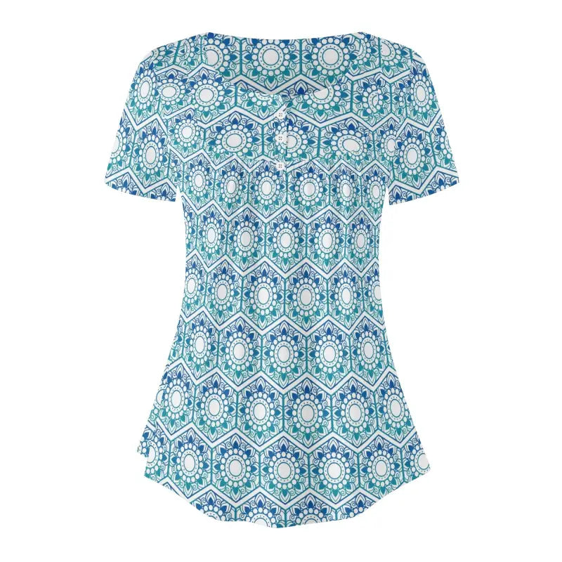Women’s short sleeve loose blouse with a blue and white boho print scoop neck