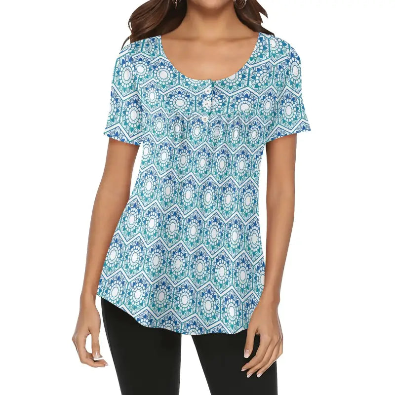 Patterned blue and white short sleeve loose blouse with boho print scoop neck style