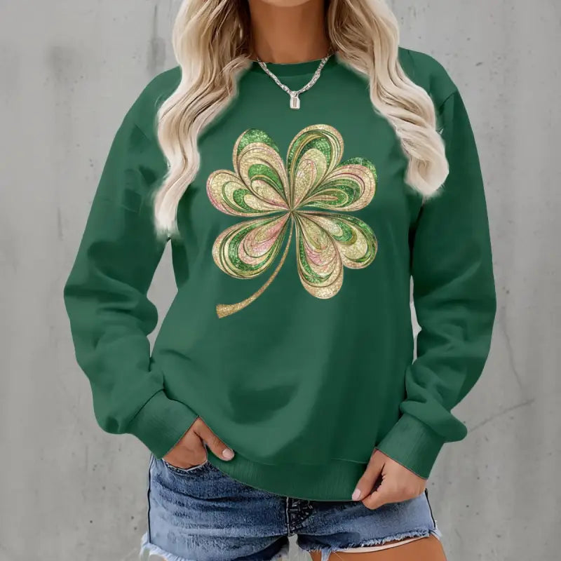 Cozy green long-sleeved women’s sweatshirt with glittery shamrock, 3XL 4XL length