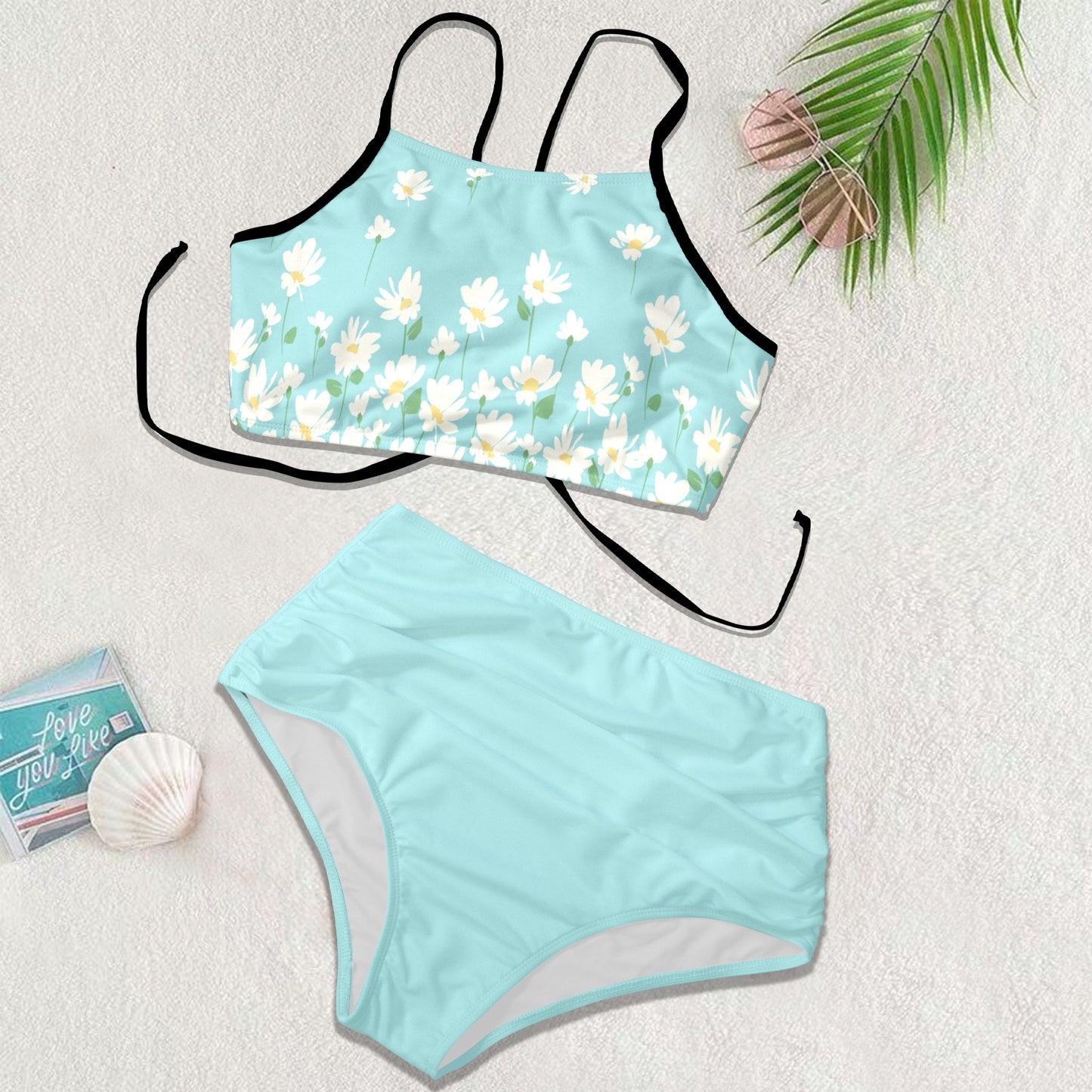 daisy floral high waist bikini flat lay product image