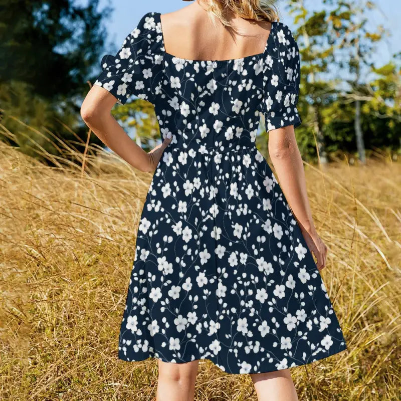 Navy blue floral sweetheart dress with short sleeves and enchanting floral design