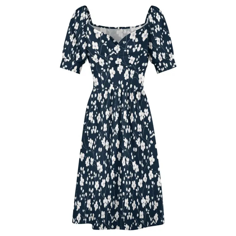 Navy blue floral sweetheart dress with puffed sleeves and a fitted waist, perfect for dancing