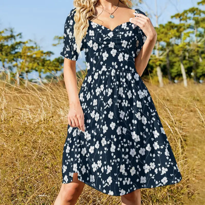 Navy blue floral sweetheart dress with short sleeves and enchanting floral design