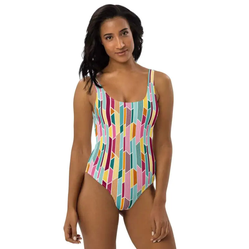 Colorful multi color geometric print one-piece swimsuit perfect for fun beach days