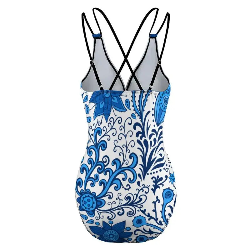 Women’s Blue Floral One-Piece Swimsuit with criss-cross straps and vibrant floral pattern