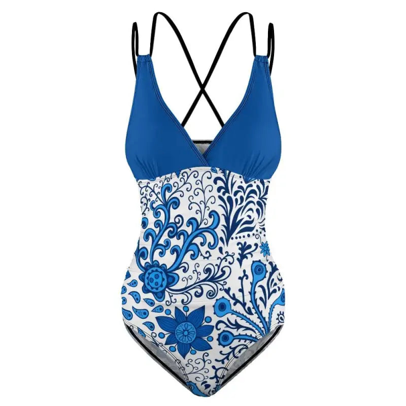 Blue floral one-piece swimsuit with criss-cross straps for stylish summer fun
