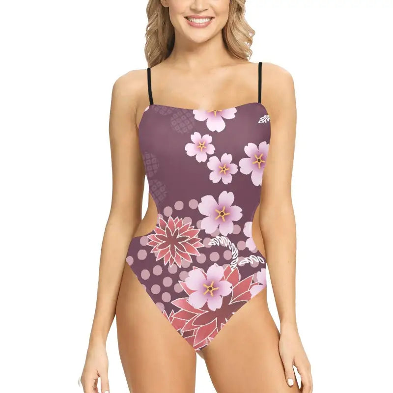 Purple floral spaghetti strap swimsuit with sweetheart neckline for fun summer days