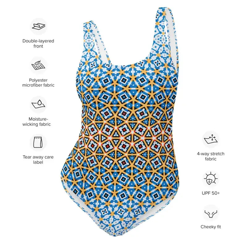 Colorful blue geometric tank style one-piece swimsuit with a diamond pattern