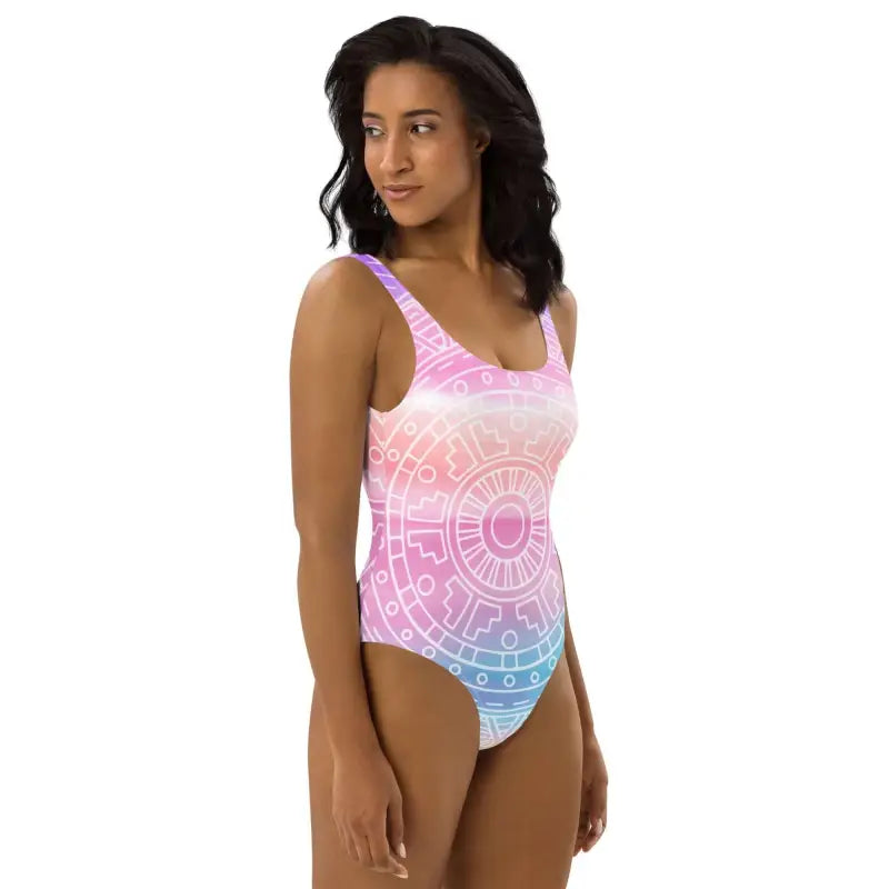 Pastel Mandala One-Piece Swimsuit in vibrant pink, purple, and blue gradient