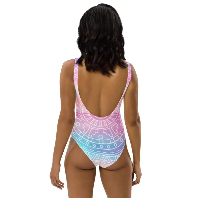 Pastel Mandala One-Piece Swimsuit in pink and blue geometric pattern with low back