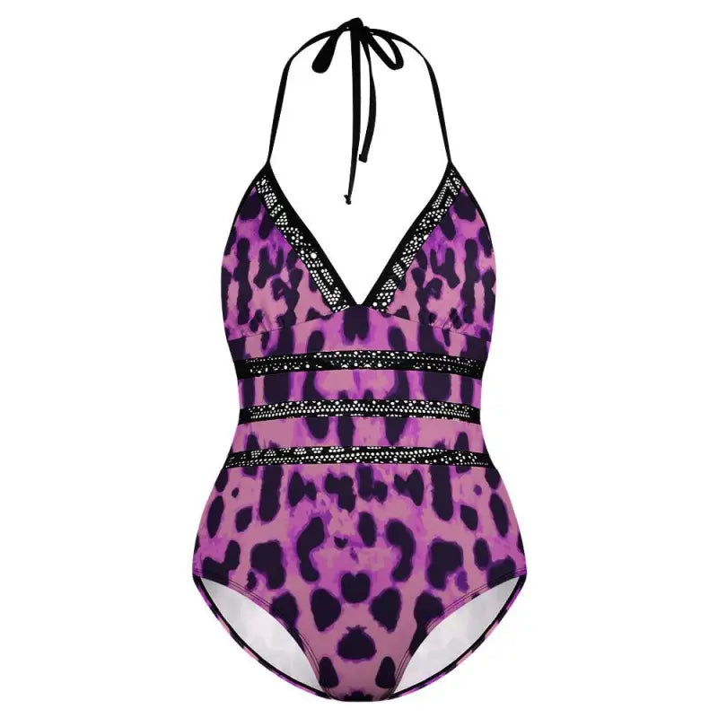 Purple leopard print lace insert swimsuit with black trim for sassy summer vibes