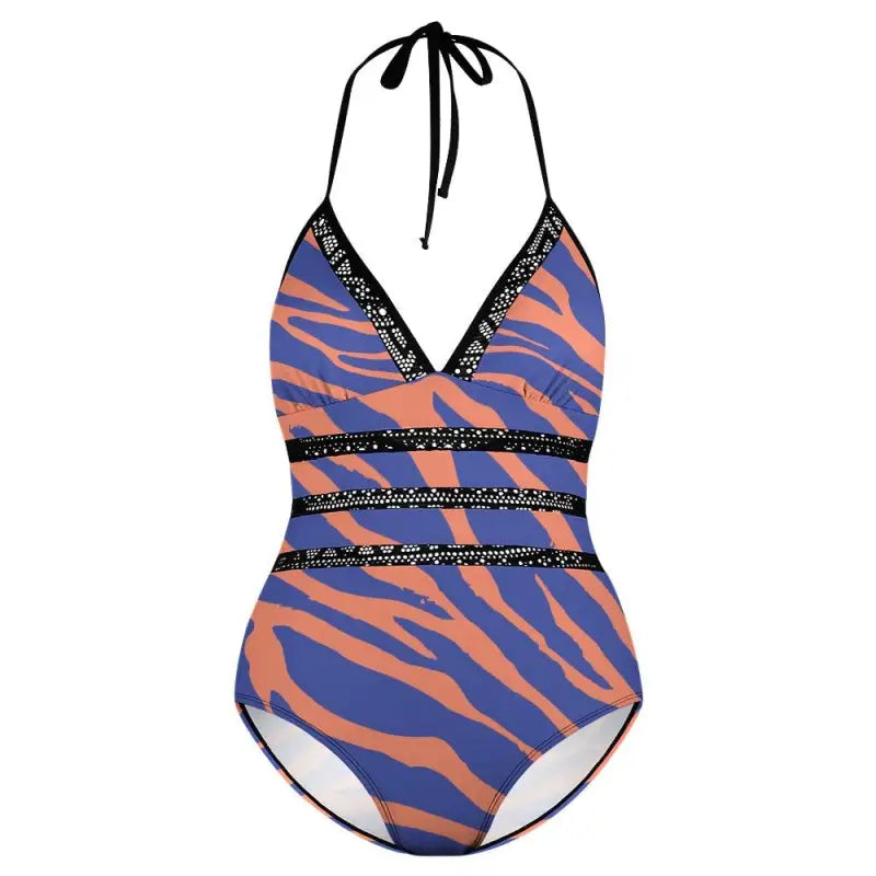 Halter one-piece swimsuit with blue and orange stripes and black sequin trim
