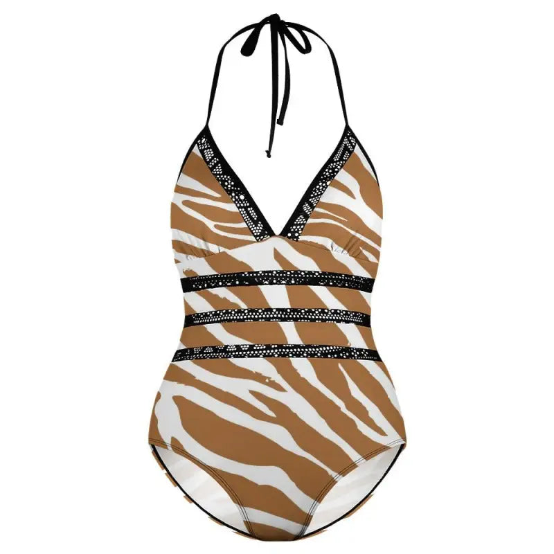 Animal print one-piece lace insert swimsuit with purple leopard design and sequined straps