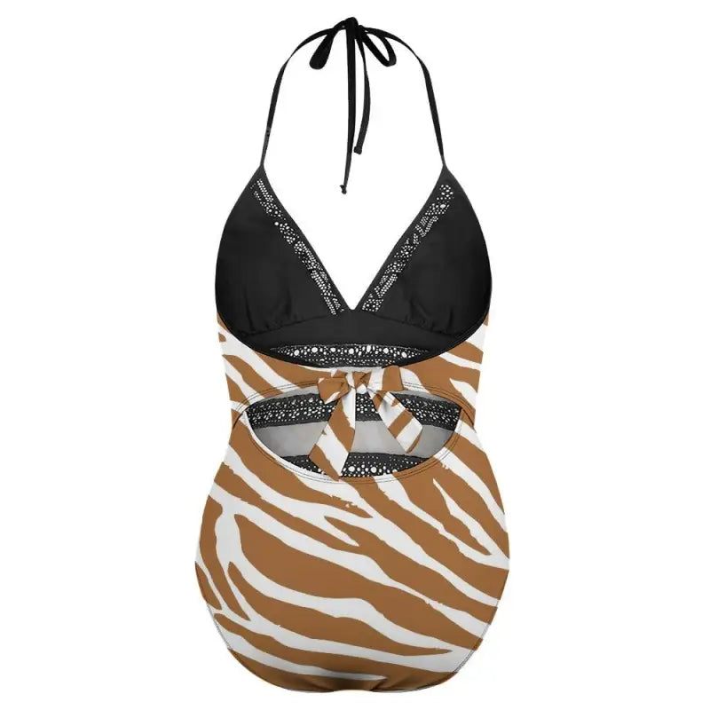 Animal print monokini with black halter top and zebra stripes, perfect lace insert swimsuit