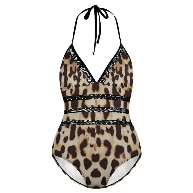 Leopard print one-piece swimsuit with lace insert and strappy details for a sassy look
