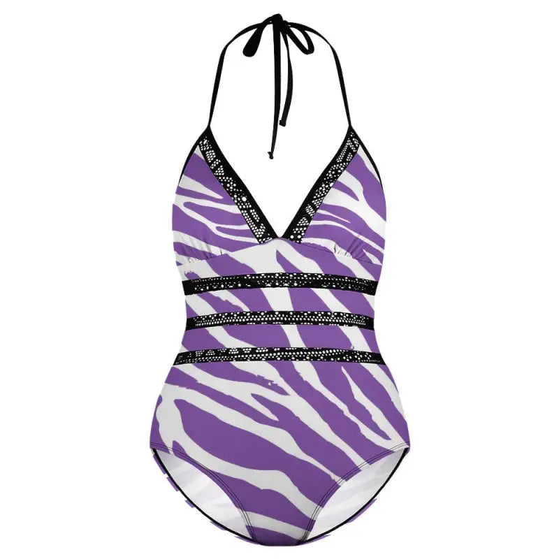 Purple and white zebra-striped one-piece lace insert swimsuit with black sequined trim