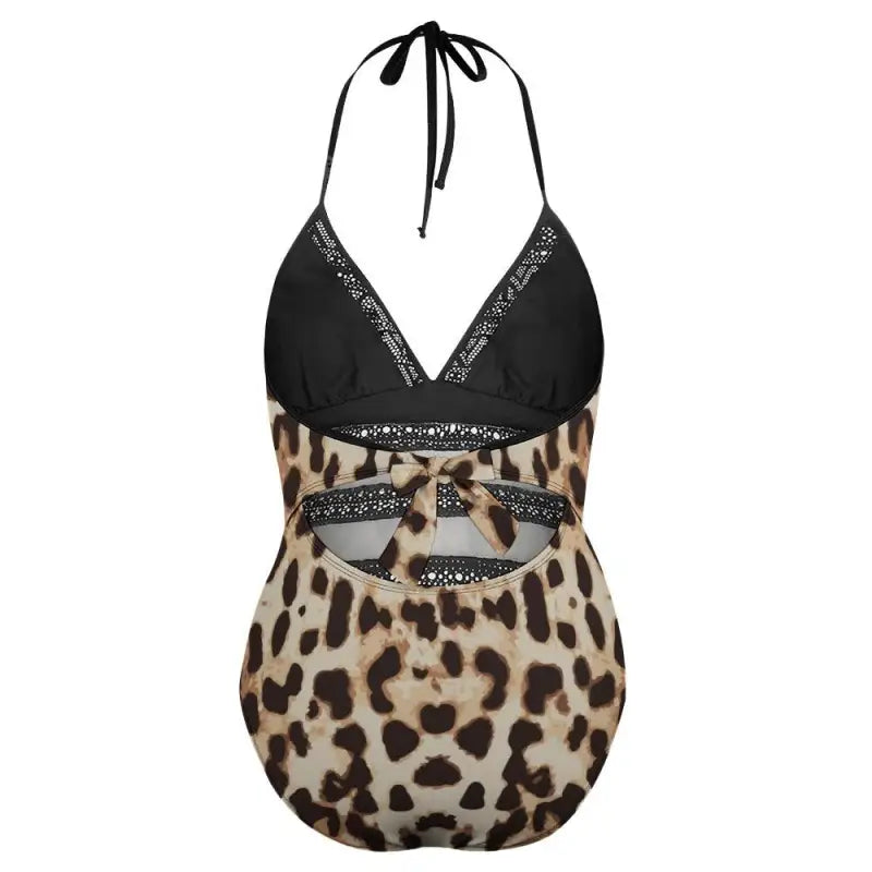 Leopard print one-piece lace insert swimsuit with black halter top and rhinestone trim
