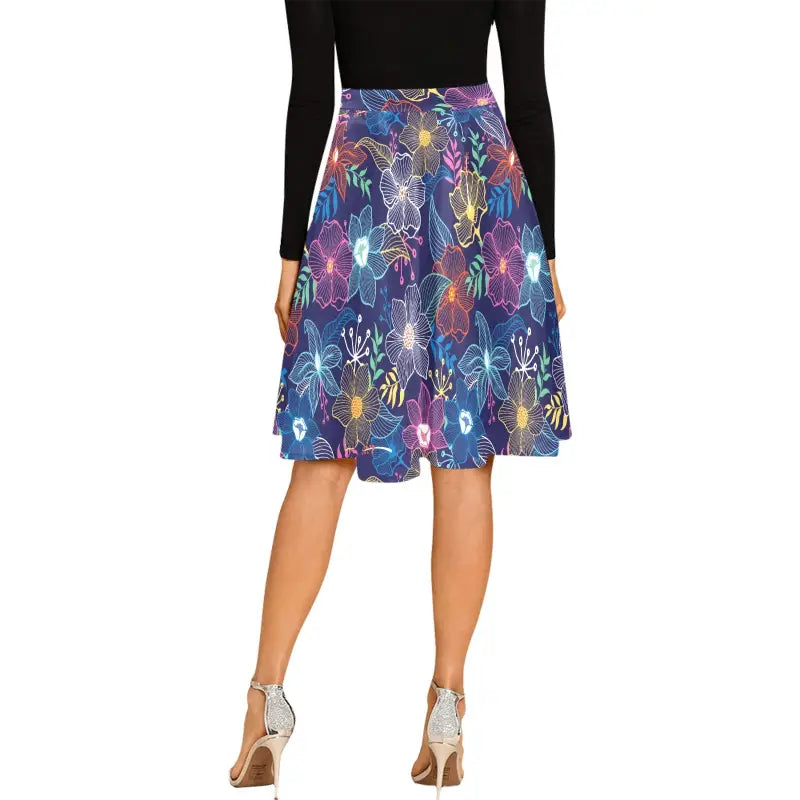 Colorful blue floral pleated midi skirt with jellyfish and coral print for mermaid vibes