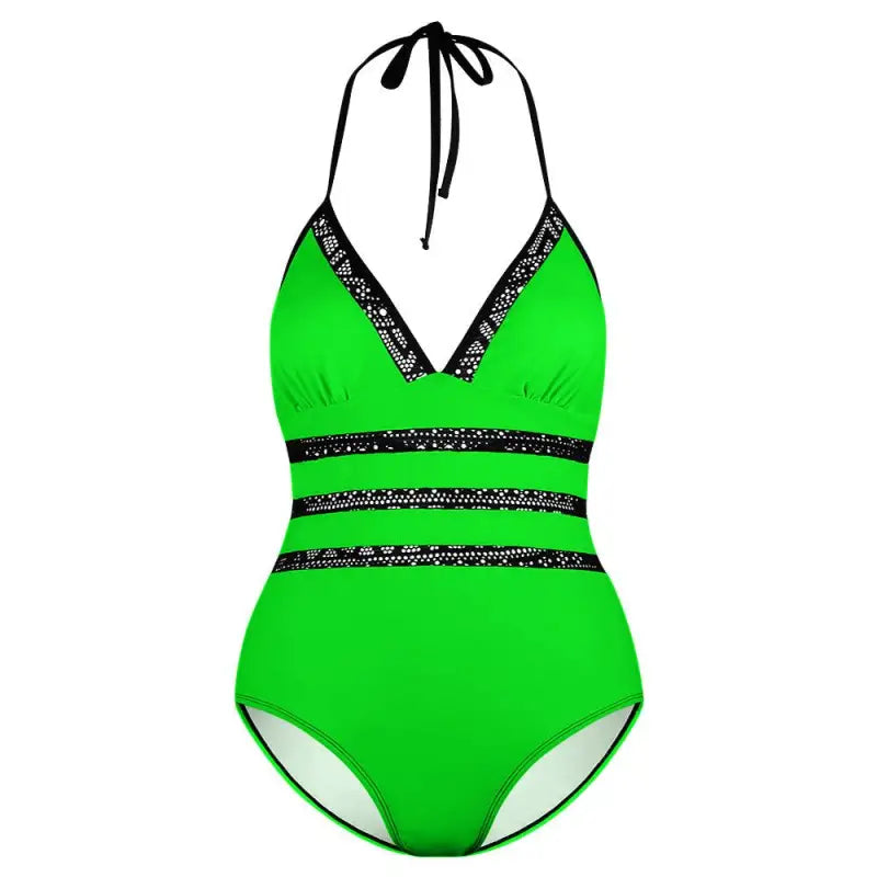 Bright green one-piece swimsuit with black and white trim and lace inset tie detail