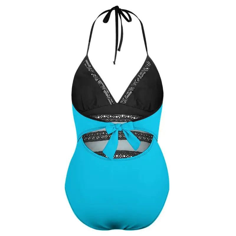 Turquoise and black one-piece swimsuit with halter neck and lace inset tie details