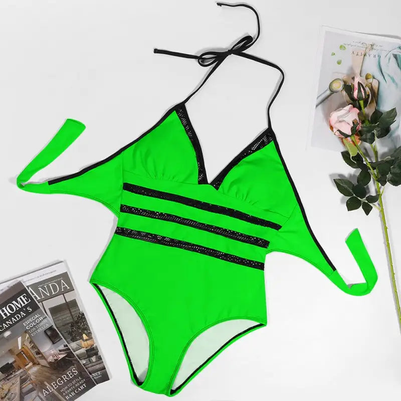 Bright neon green one-piece with black stripes, perfect for the Lace Inset Tie style
