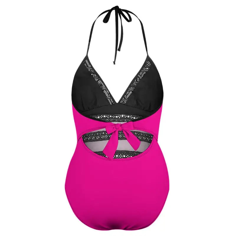 Hot pink halter swimsuit with lace inset tie and sparkly trim for making waves