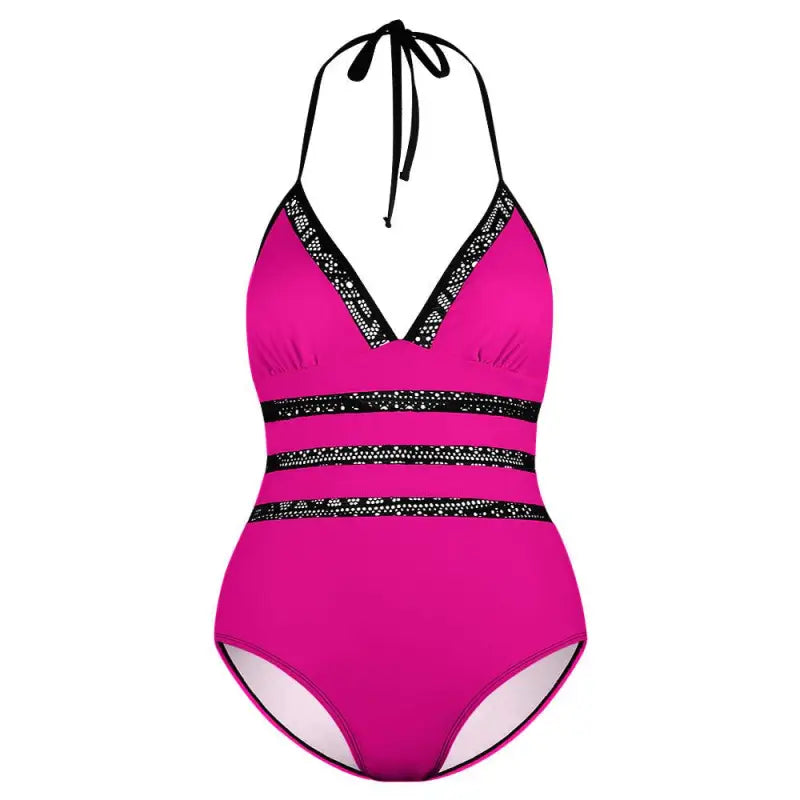 Hot pink one-piece swimsuit with black sequined trim and lace inset tie design