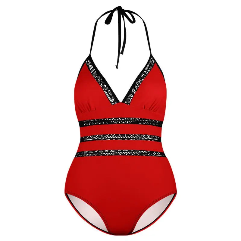 Red one-piece swimsuit with black sequined trim and lace inset tie for a stylish swim