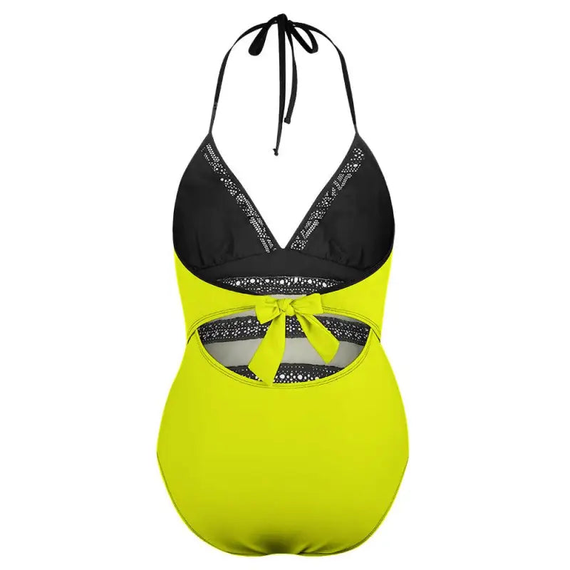 Neon yellow and black one-piece swimsuit with cutouts and vibrant lace inset tie