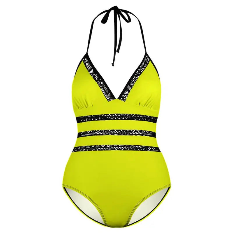 Bright yellow one-piece swimsuit with black sequined stripes and lace inset tie accents