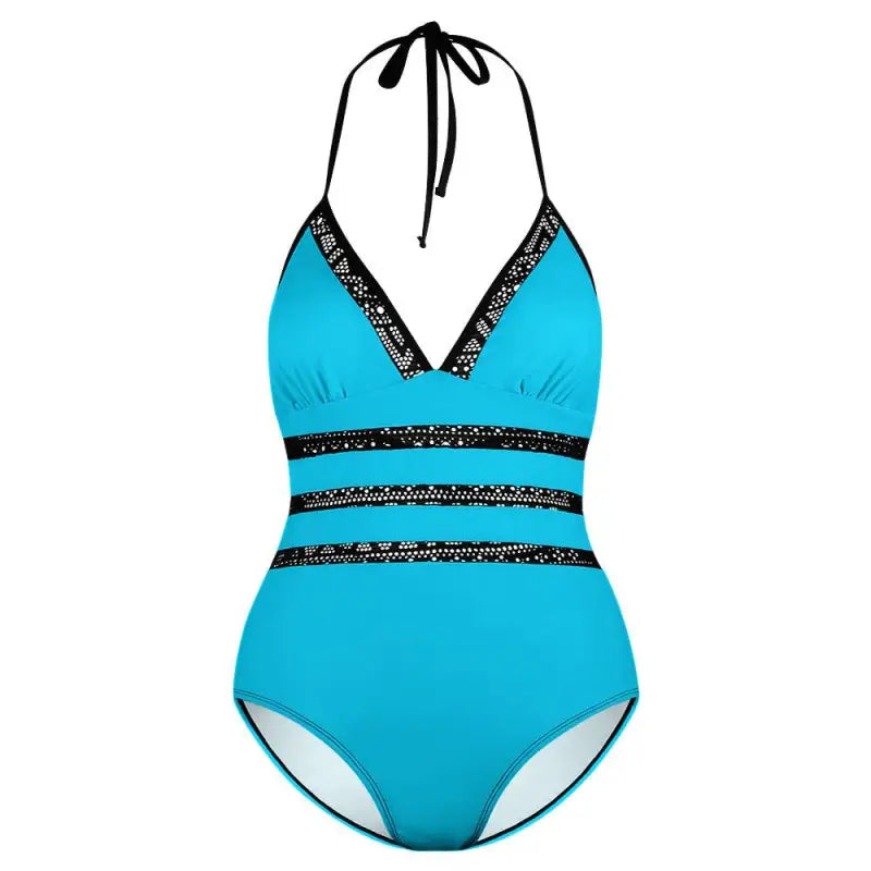 Bright blue one-piece swimsuit with black sequined stripes and lace inset tie