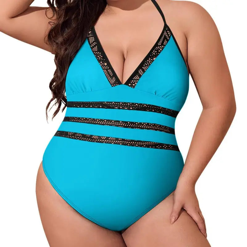 Turquoise one-piece swimsuit with colored lace inset tie and black lace trim accents