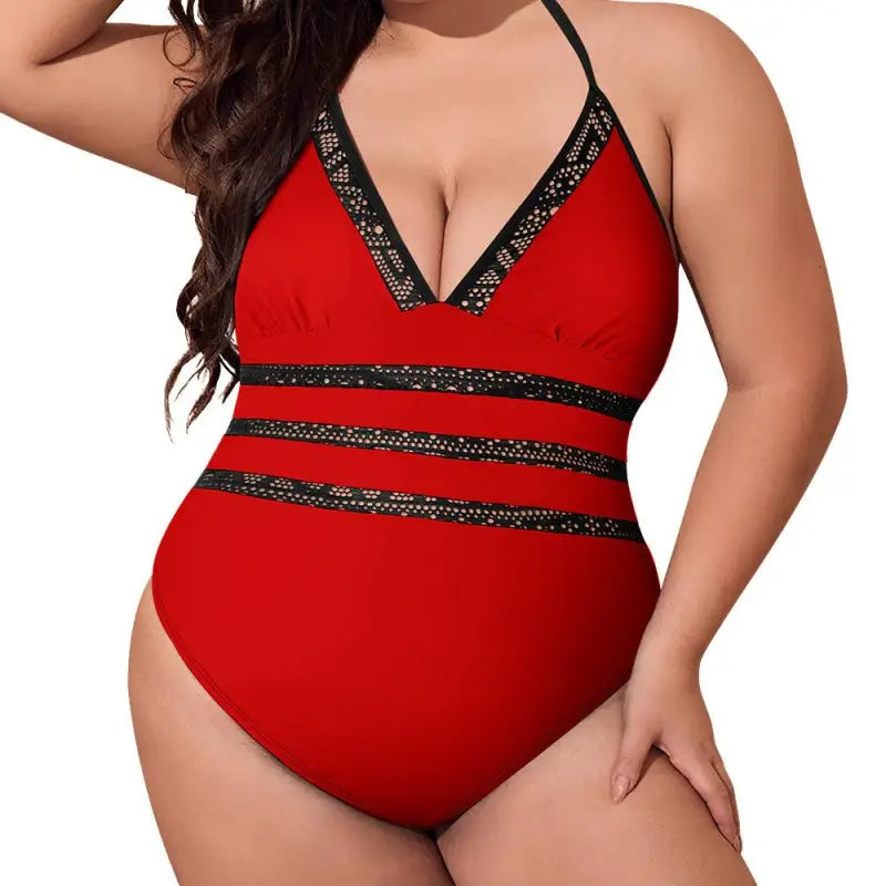 Red one-piece swimsuit with black trim and strappy details for the Dive into the Hot Pink Lace Inset Tie Suit