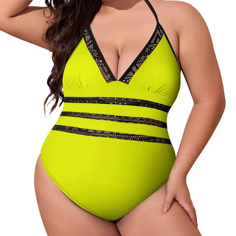 Bright neon yellow one-piece swimsuit with black trim, perfect for vibrant lace inset styles