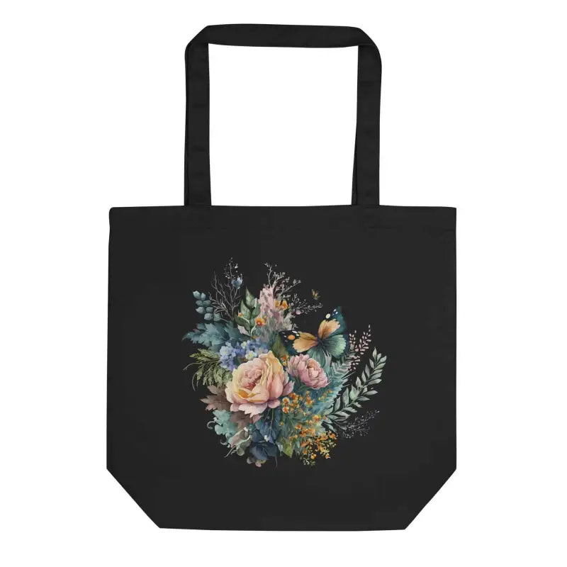 Black tote bag with colorful floral design perfect for cottage core floral vibes
