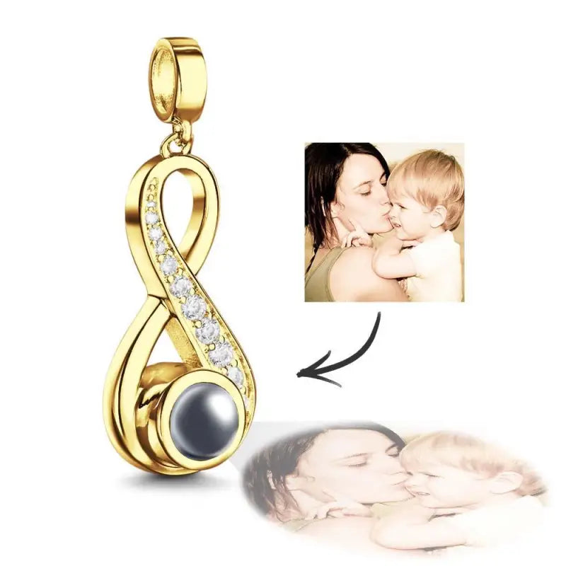 Gold infinite love pendant with diamonds and dark pearl for custom photo projection